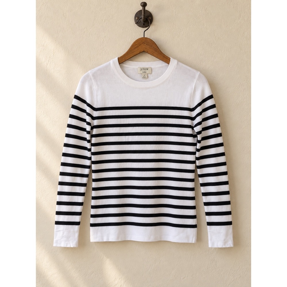 J.Crew Teddie Sweater Striped Cotton Crewneck White Navy Blue Size S